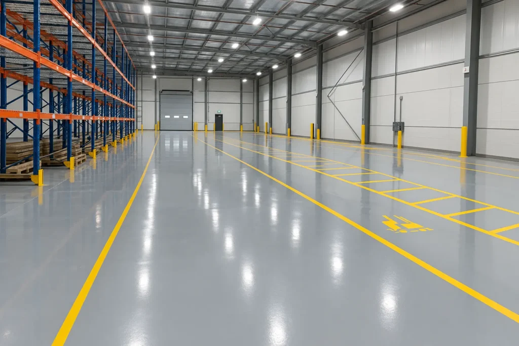 Warehouse with new gray epoxy floor and yellow safety line striping