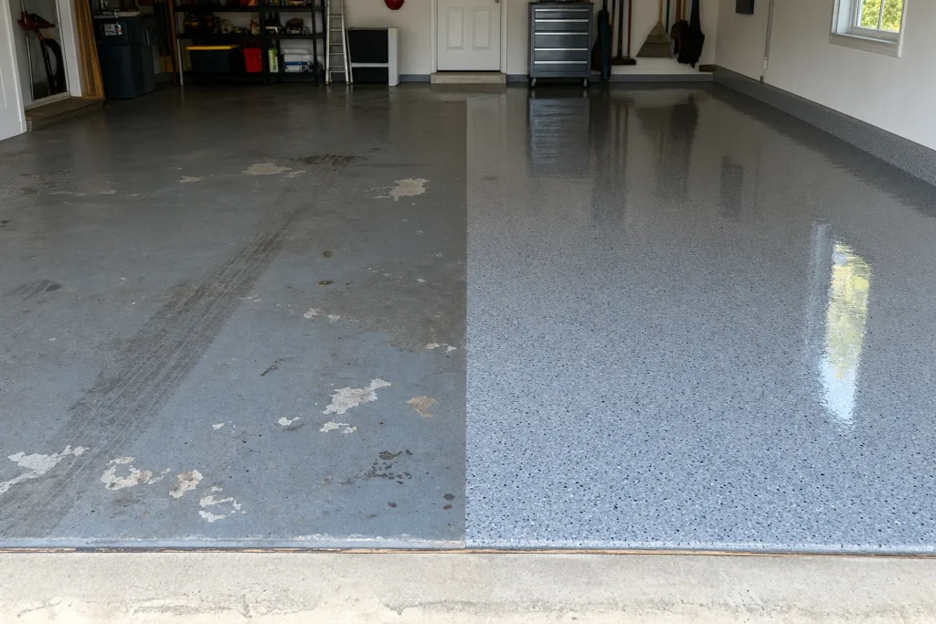 Garage floor comparing a peeling DIY epoxy coating with a professional flake epoxy finish