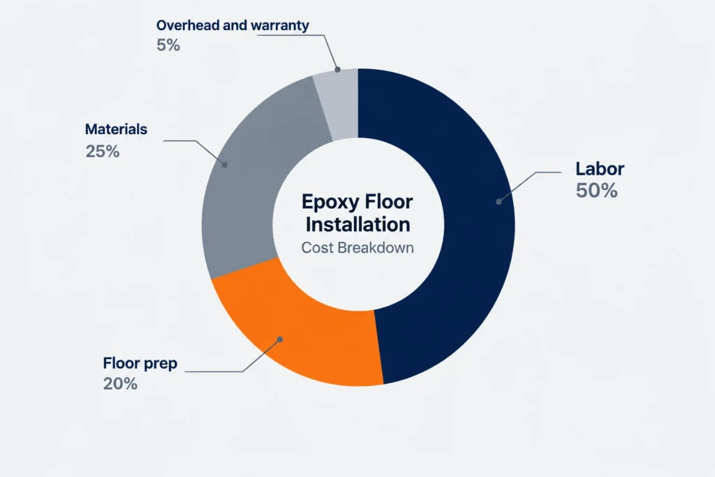 Donut chart showing labor, prep, materials and overhead share of epoxy floor cost