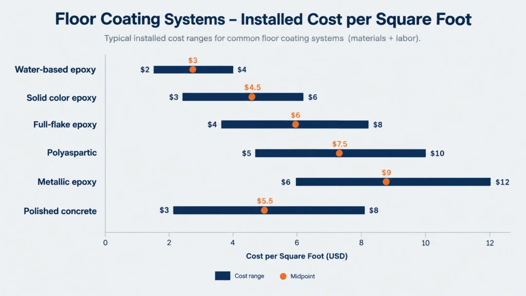 Bar chart comparing epoxy flooring cost per square foot by coating system in 2026