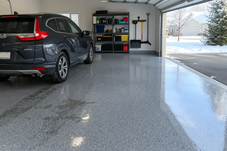 Glossy gray flake epoxy garage floor with a parked car and open garage door