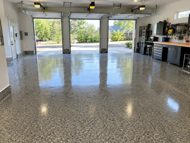Finished gray and tan flake epoxy floor in a 3-car residential garage